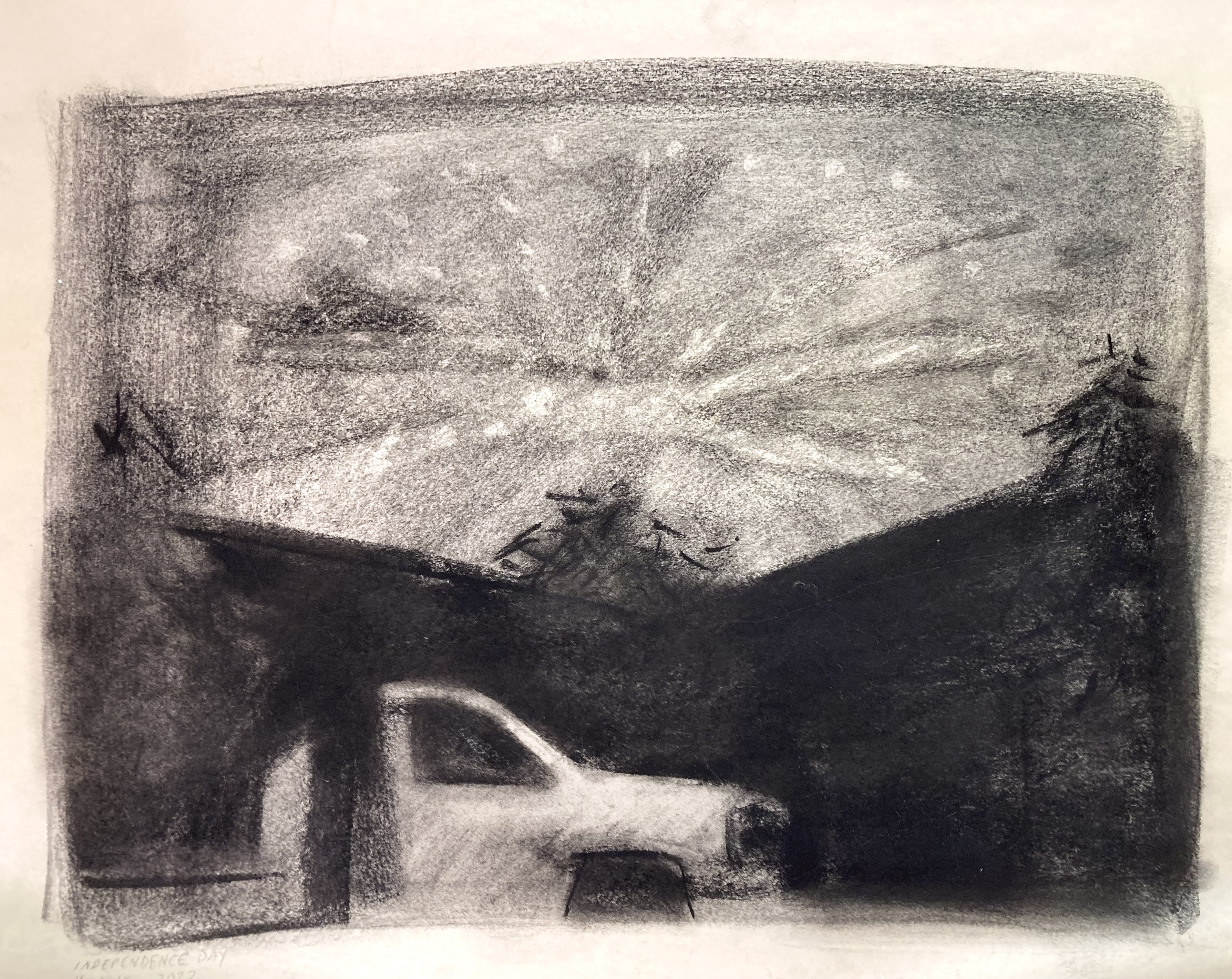 Firework Over Landscaping Truck (2023). Compressed charcoal on newsprint.